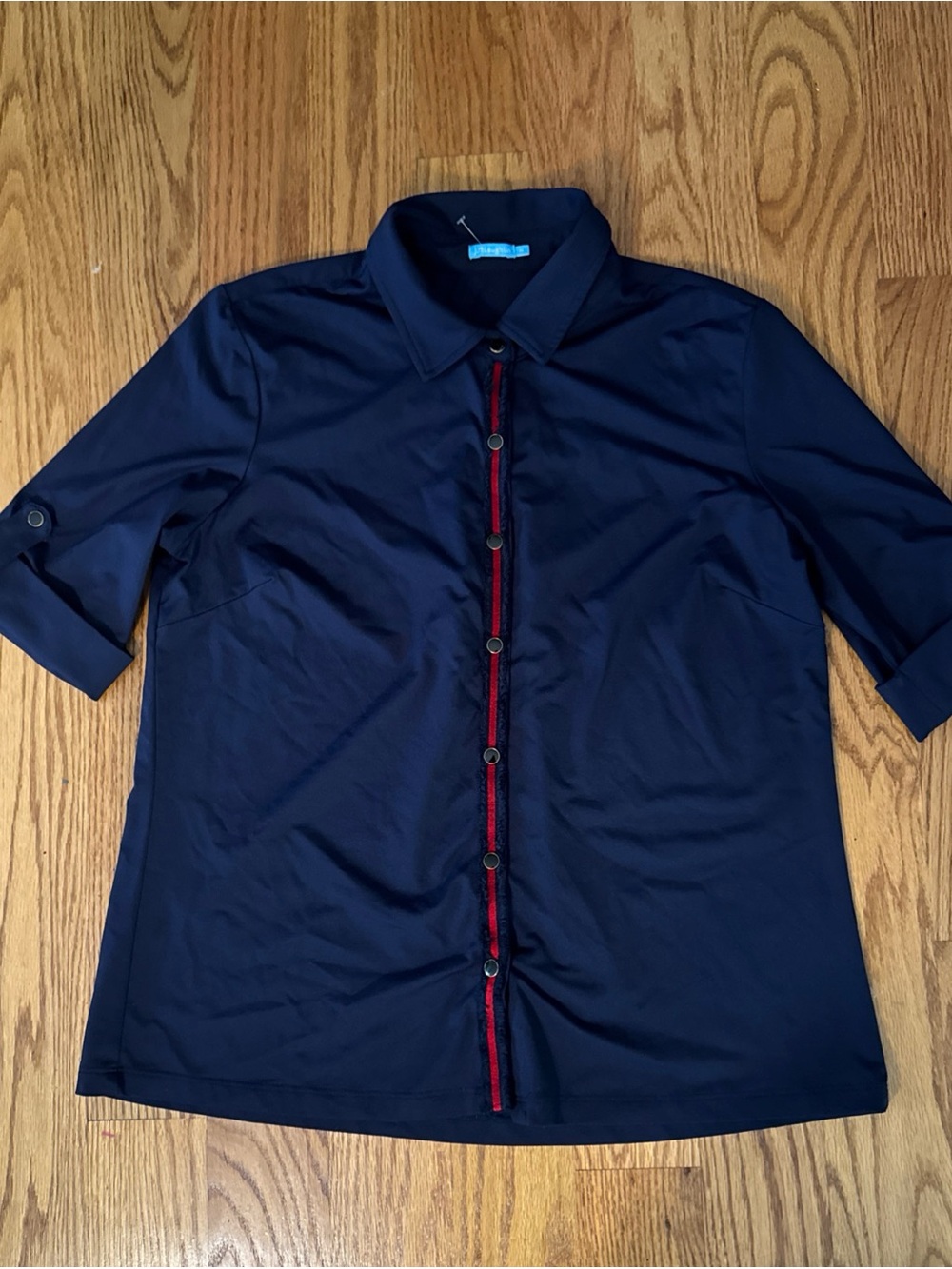 Classic Navy Button-Front Blouse with Red Trim